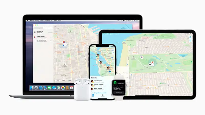 imagem que mostra um Macbook, um iPad, um iPhone, um Applewatch e um Airpods conectados ao sistema de rastreio do iCloud