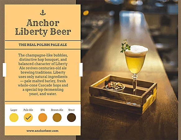 Informativo da Anchor Liberty Beer com uma foto de uma taça com cerveja