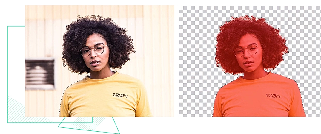 Imagem de exemplo uma mulher com fundo e após a remoção do fundo