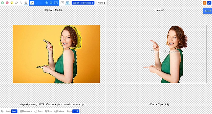Interface da ferramenta para remover fundo de imagem do Clipping Magic