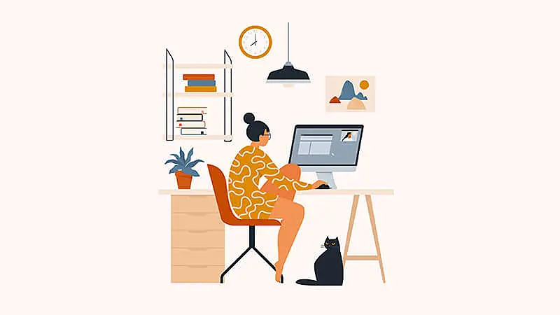 Ilustração de uma mulher sentada em uma cadeira olhando para tela do computador