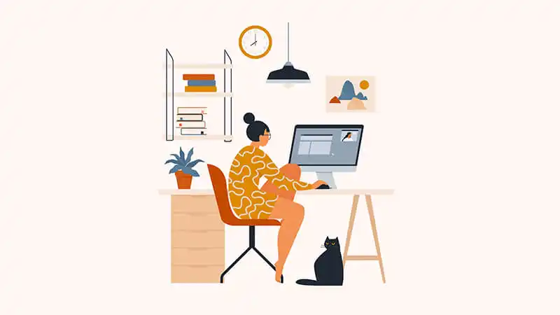 Ilustração de uma mulher sentada em uma cadeira olhando para tela do computador