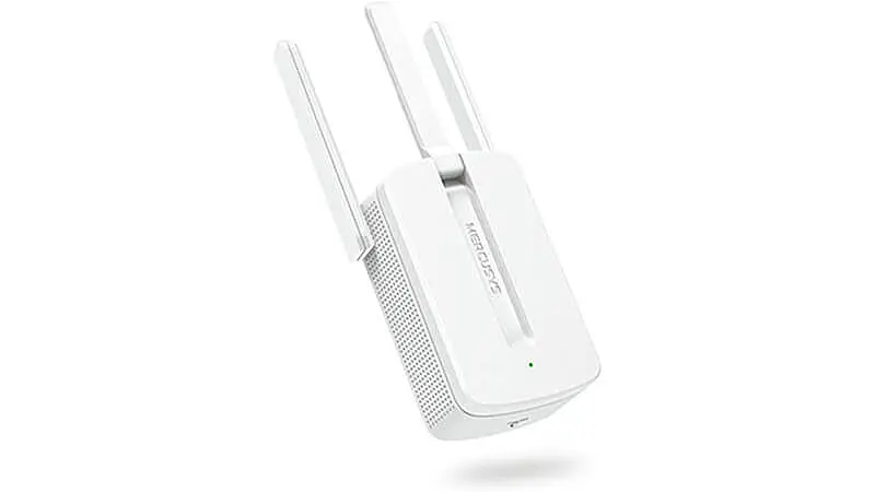 imagem de um repetidor de sinal wi-fi Mercusys na cor branca com três antenas