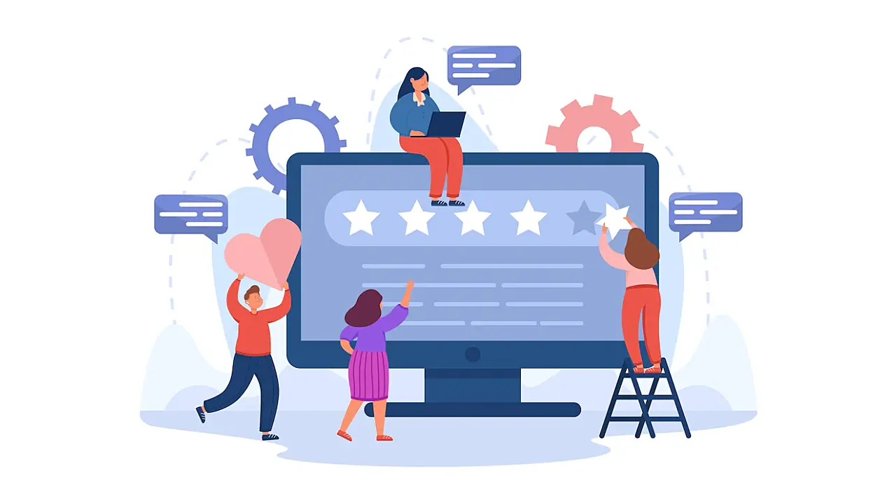Imagen vectorizada de personas contruyendo valoración positiva de una marca