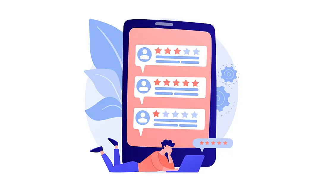 Imagen vectorizada de un chico viendo valoraciones de una marca a través de un móvil