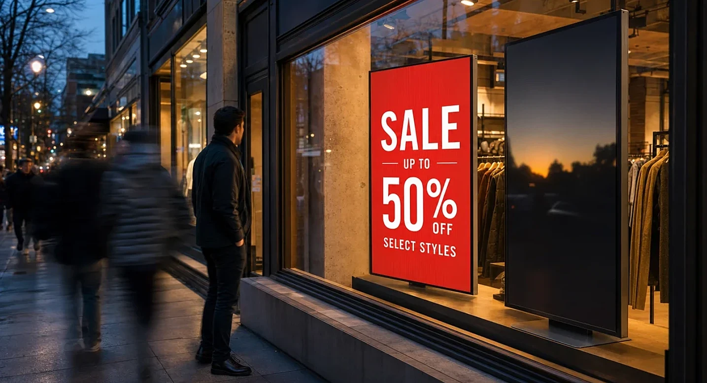 Retail window screen display in a storefront
