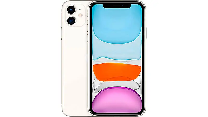 imagem que mostra a parte frontal e traseira de um iPhone 11 de 128GB na cor branca