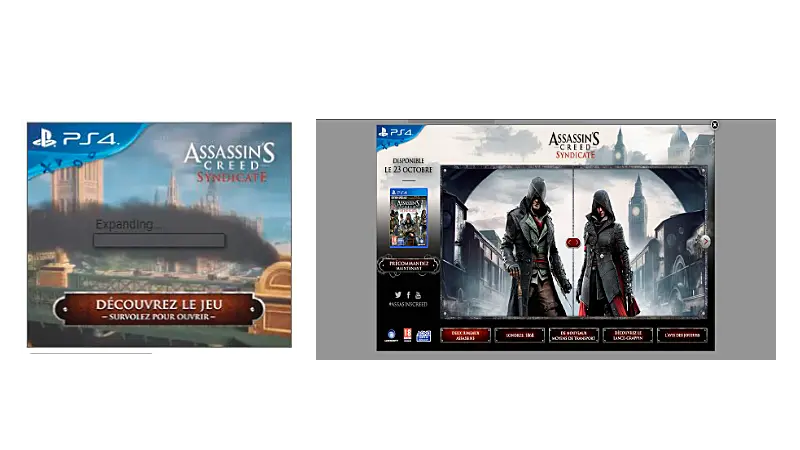 Anúncio expansível veiculado pela Ubisoft,  mostrando várias interações possíveis a partir desse anúncio como conhecer a história dos personagens