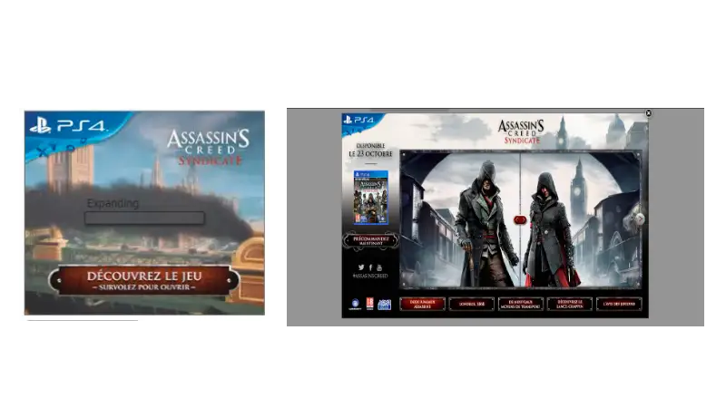 Anúncio expansível veiculado pela Ubisoft,  mostrando várias interações possíveis a partir desse anúncio como conhecer a história dos personagens