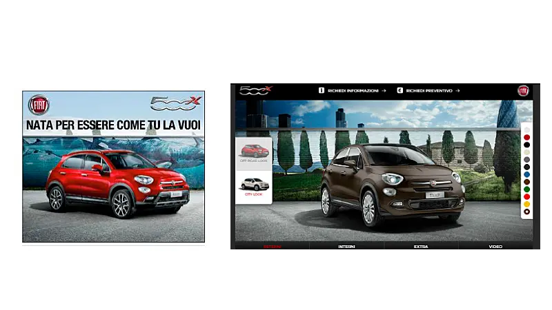Anúncio expansível veiculado pela Fiat, mostrando várias interações possíveis a partir desse anúncio como mudança de cor do carro