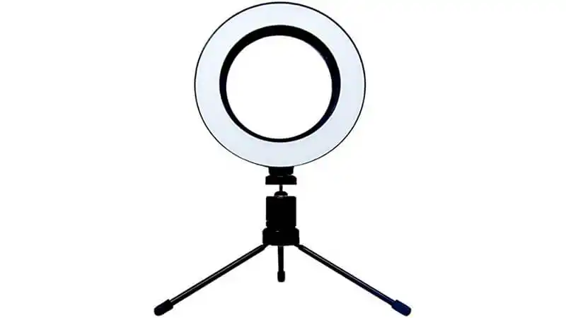 Ring Light Bluetooth imagem de uma Ring Light de 26 centímetros de diâmetro em cima de um mini tripé
