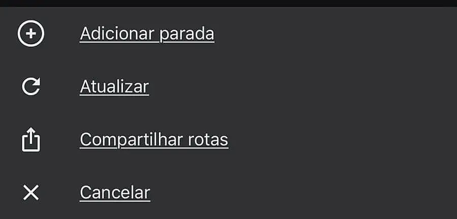 Menu com opções de rota