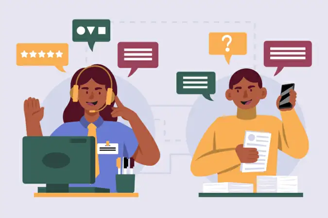 Atendente de call center auxiliando cliente ao telefone com trocas de mensagens.