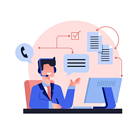 Ilustração de atendente de suporte ao cliente usando headset enquanto interage no computador.