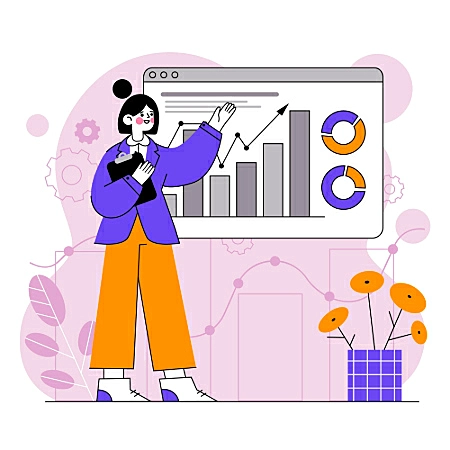 Ilustração de analista apresentando gráficos de desempenho e indicadores de satisfação do cliente.