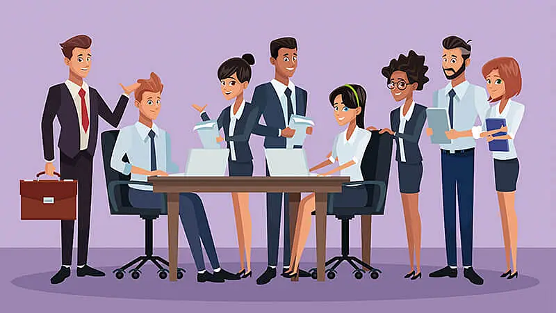 Ilustração de várias pessoas em pé e uma mesa de escritório