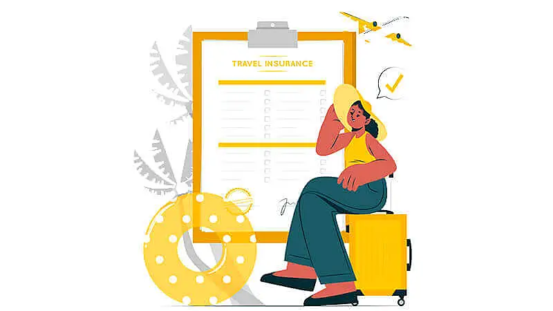 Ilustração de uma pessoa com mala e uma mão segurando um guarda chuva