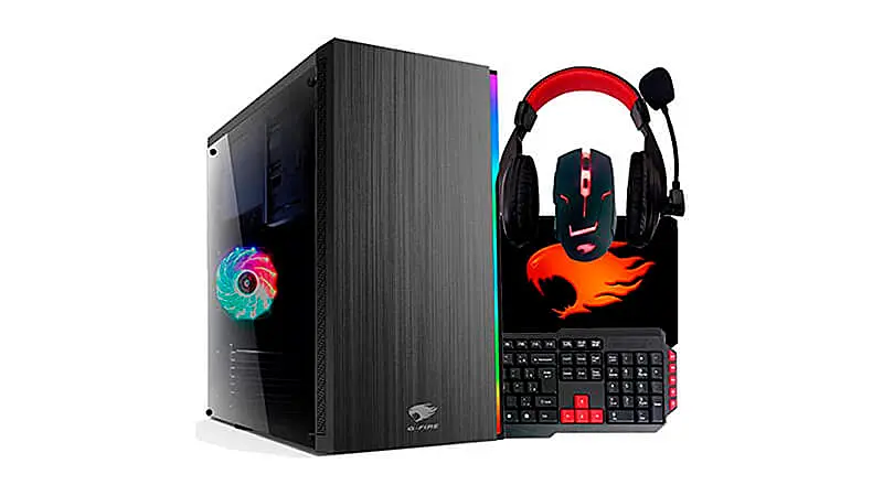 imagem de um setup gamer G-Fire com gabinete, teclado, mouse, mousepad e fone de ouvido