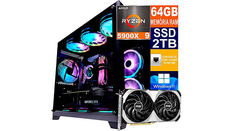 imagem de um setup gamer com as especificações ao lado