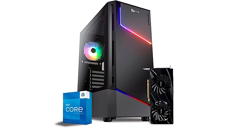 imagem que mostra um setup gamer ITX Headshot ao lado de uma caixa de um processador Intel Core i5 e de uma placa de vídeo RTX 3060