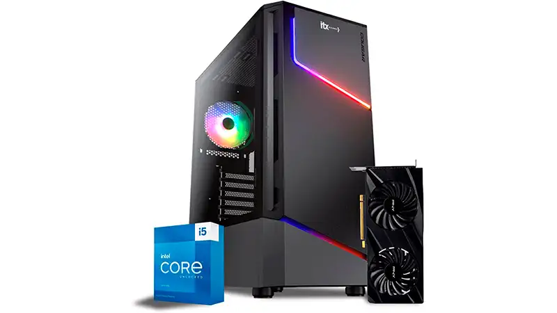 imagem que mostra um setup gamer ITX Headshot ao lado de uma caixa de um processador Intel Core i5 e de uma placa de vídeo RTX 3060