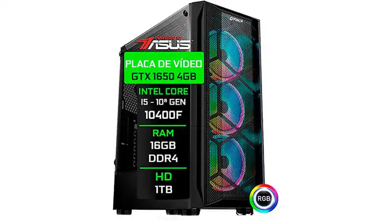 imagem que mostra um setup gamer da Fácil Computadores e uma lsita com todos os componentes