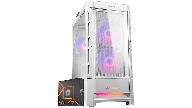 imagem que mostra um setup gamer ITX FPS Hradshot ao lado da caixa de um processador AMD Ryzen 7 7700x