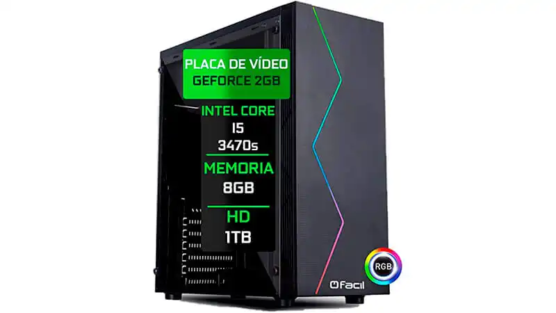 imagem que mostra um setup gamer da Fácil Computadores e uma lsita com todos os componentes