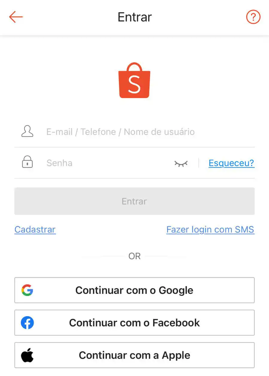 Tela de login do aplicativo da Shopee