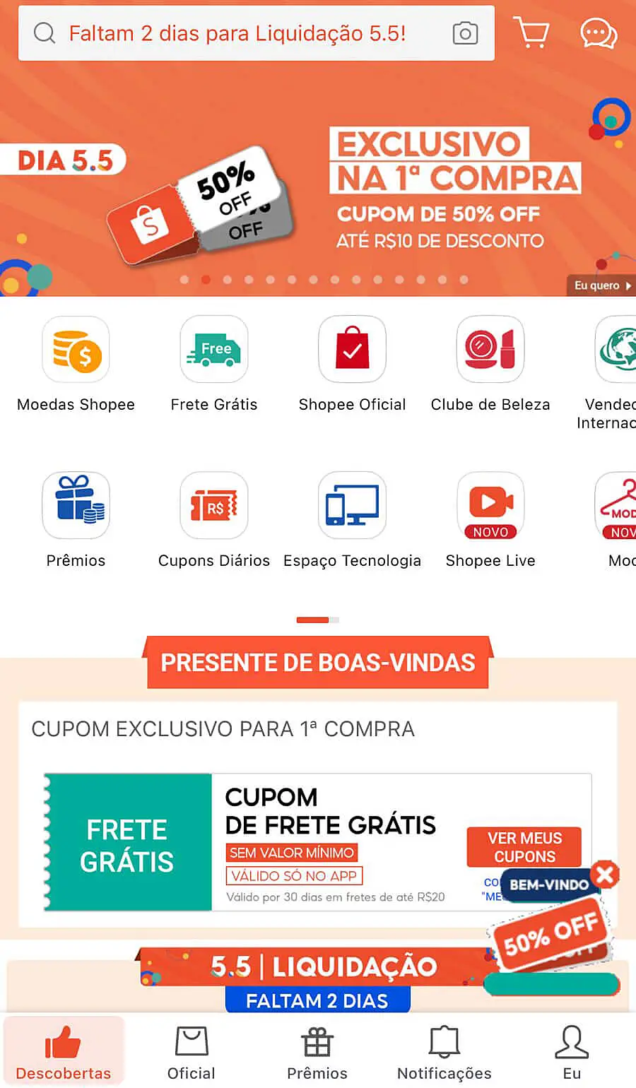 Tela inicial do aplicativo da Shopee