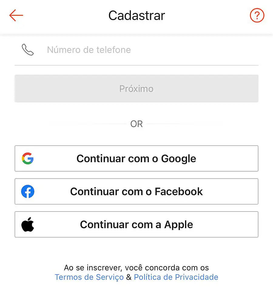 Tela de cadastro da Shopee