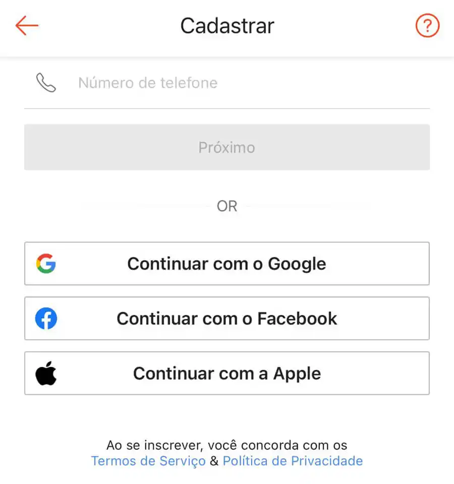 Tela de cadastro da Shopee