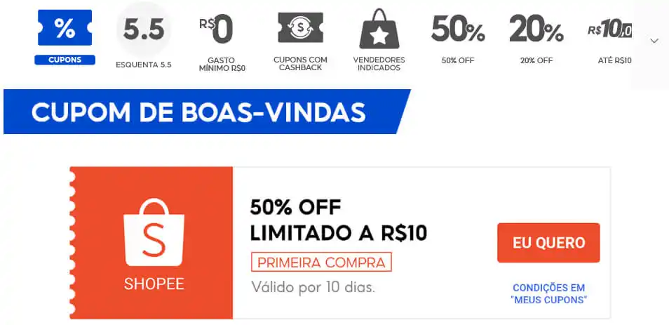 Tela com diversas opções de Cupom Shopee