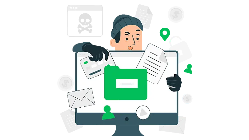 Imagem vetorizada de um homem tentando roubar dados de um site confiável pela tela do computador