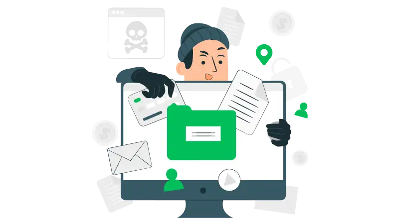 Imagem vetorizada de um homem tentando roubar dados de um site confiável pela tela do computador