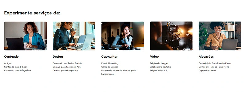rodapé da página do site de freelancer marfin mostrando opções de freelancer como conteúdo, design, copywriter, vídeo e alocações