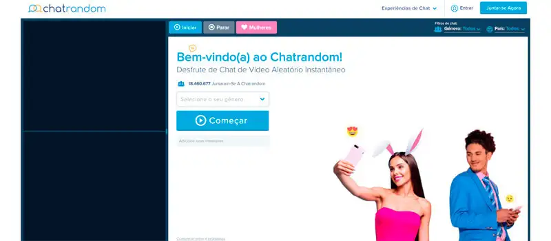 captura de tela da página inicial do site de vídeo chamada com pessoas aleatórias chatrandom