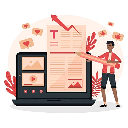 ilustração de um notebook com texto aberto na tela e uma pessoa em pé segurando um lápis