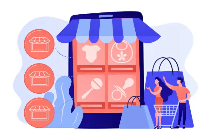 Site Temu é confiável Ilustração de duas pessoas vendo uma loja online em um celular gigante