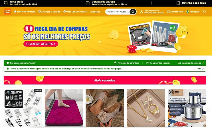 captura de tela do site da Temu