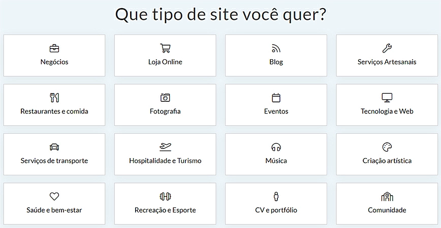 Diferentes tipos de páginas oferecidas pelo SITE123