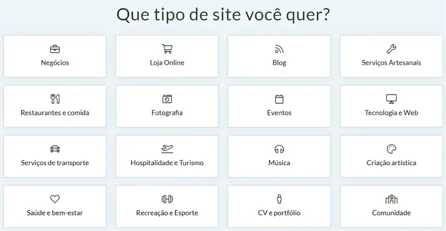 Diferentes tipos de páginas oferecidas pelo SITE123