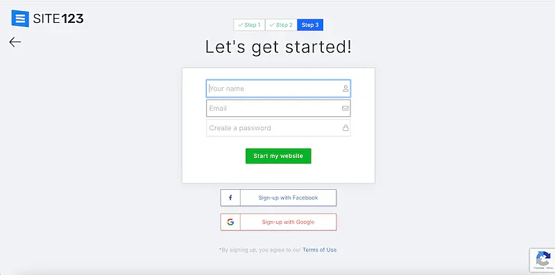 SITE123 sign in page