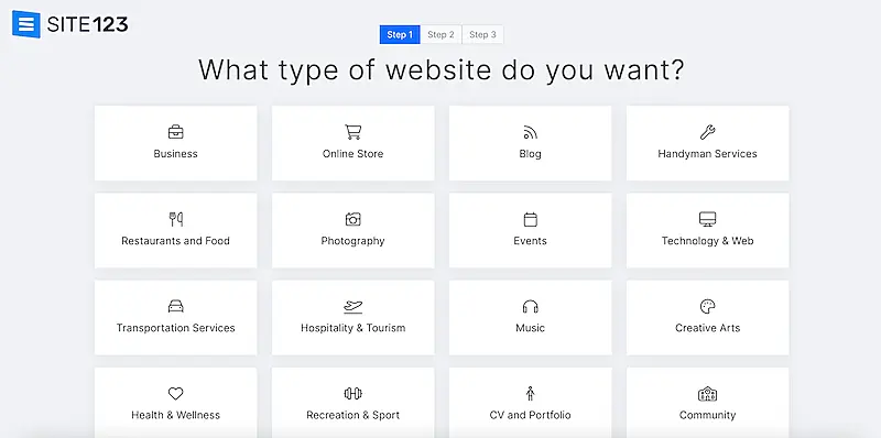SITE123 page where you choose the type of website you want to build.