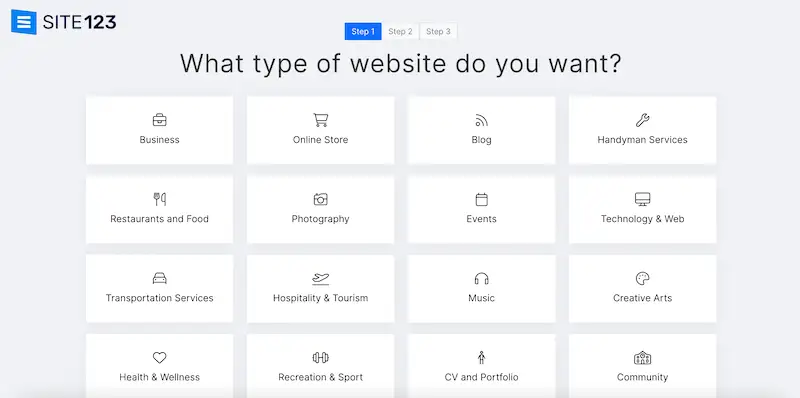 SITE123 page where you choose the type of website you want to build.