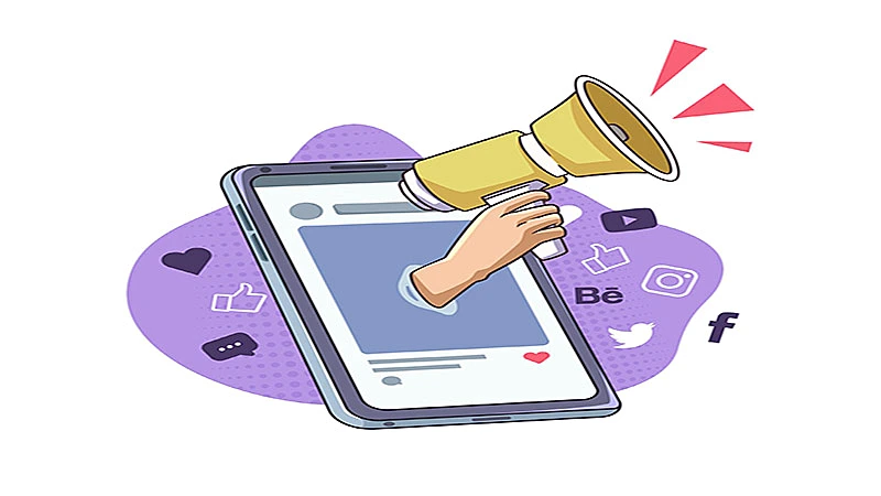 Ilustração de um celular gigante e uma mão segurando um megafone saindo da tela