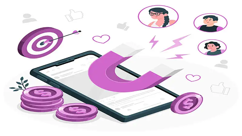 ilustração de um celular imã saindo da tela atraindo pessoas e moedas ao fundo