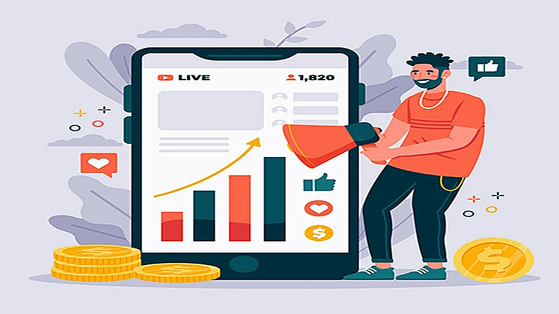 ilustração de um homem segurando um megafone e um celular com gráficos subindo e moedas no chão