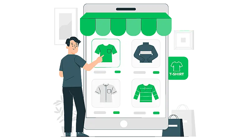 Imagem vetorizada de um homem escolhendo uma camisa em um site de anuncio gratis