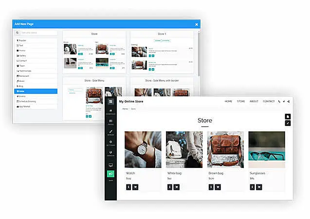 Telas com temas e interface da loja virtual do SITE123